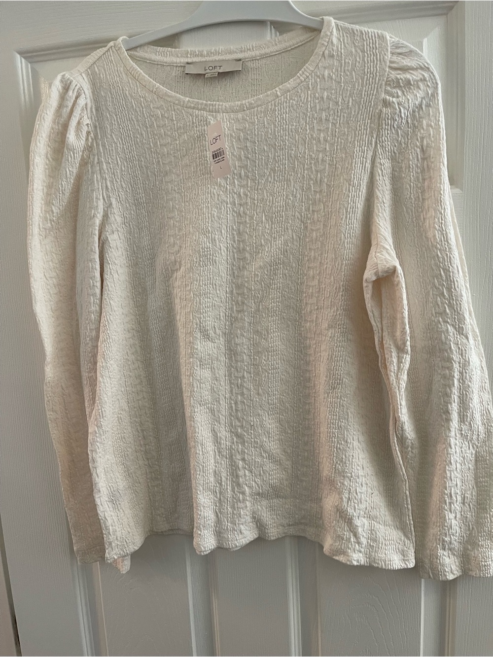 LOFT Cream Textured Long Sleeve Top with Puff Shoulders